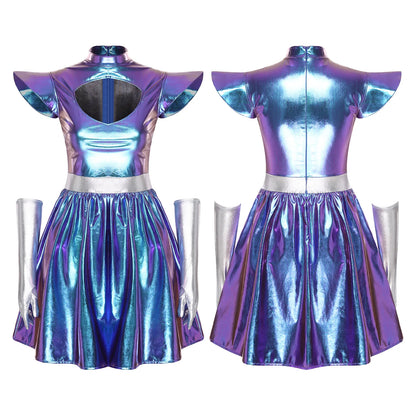 Zilverkleurige metallic astronauten-alien-tutu-jurk voor vrouwen, cosplayruimtecadetromper, Halloweenfeestjurk 2026