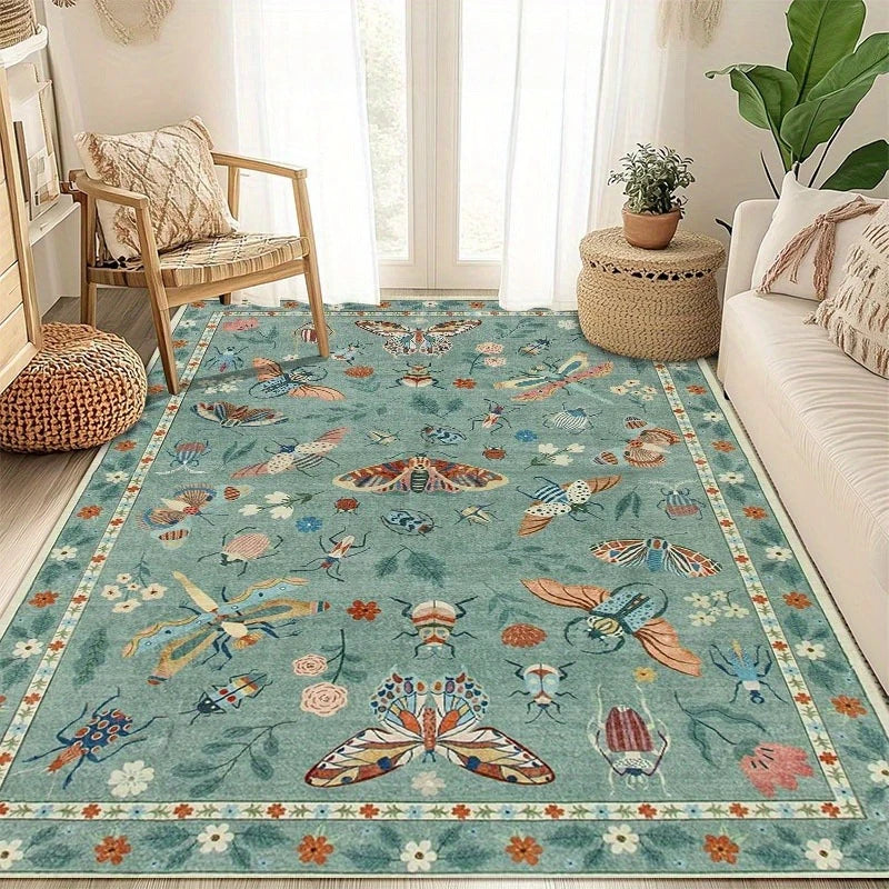 Insect Print Area Rug Teal Washable Non Slip Living Room