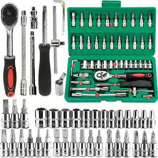 Set di bussole 1/4 pollice – Kit chiave a cricchetto 46 pezzi con bussole e punte, autunno 2025 ideale per riparazioni auto fai-da-te