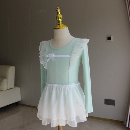 Set body leggero da balletto per ragazze - top con maniche a sbuffo, gonna tutu in tulle, poliestere, per lezione di danza