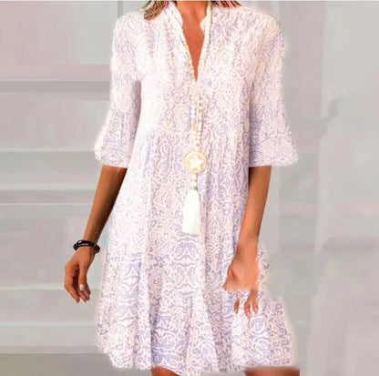 Efterårs V-hals Flared Mini Kjole til Damer - Casual A-Line Pullover Boho Stil