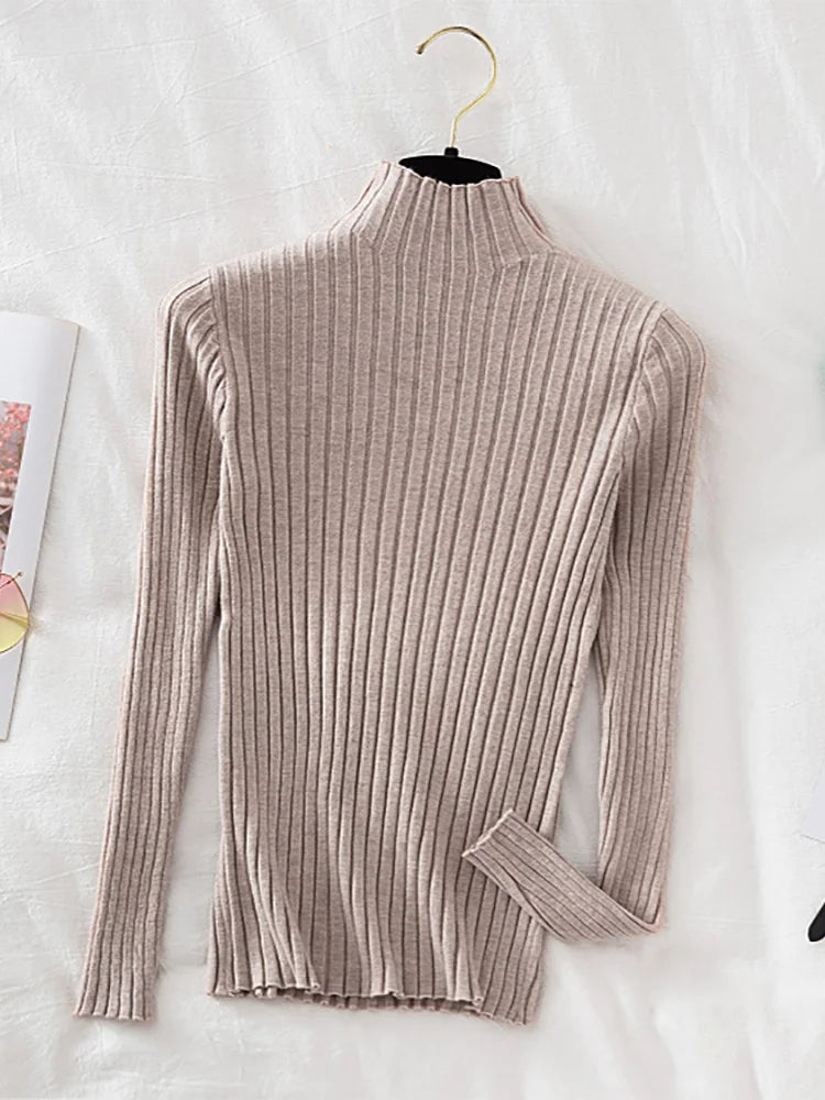 Stretchy Flattering Women Ribbed Sweater - Mock Neck, Knit