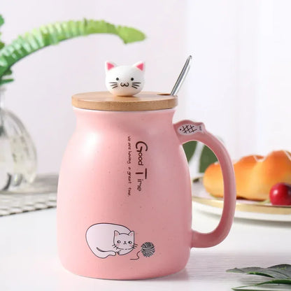 Ceramic Mug With Wooden Lid And Spoon Cute Cartoon Cat Design Gift Ready Spring 2026 Kitchen Essential