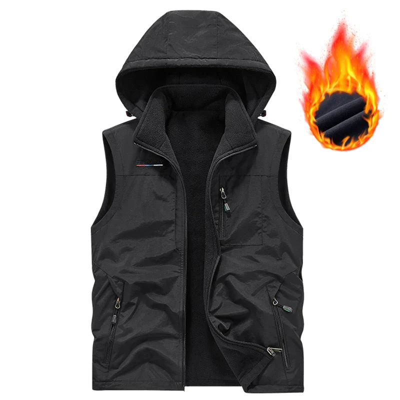 Warm Versatile Men Hooded Vest - Fleece Lined, Nylon, Outdoor
