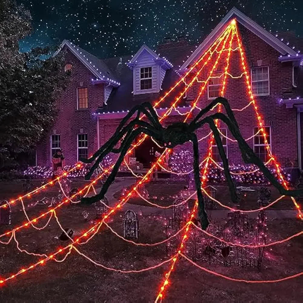 Halloween Spider Web with 290 LED Lights - Giant Outdoor Spider Decoration with 78.7" Spider