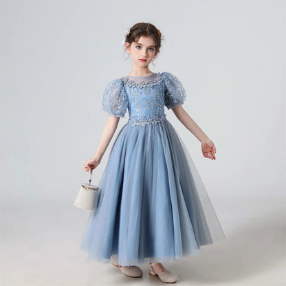 Soft Girls' Dress - Flowy Princess-Cut Lace-Embroidery, Polyester, Wedding Party