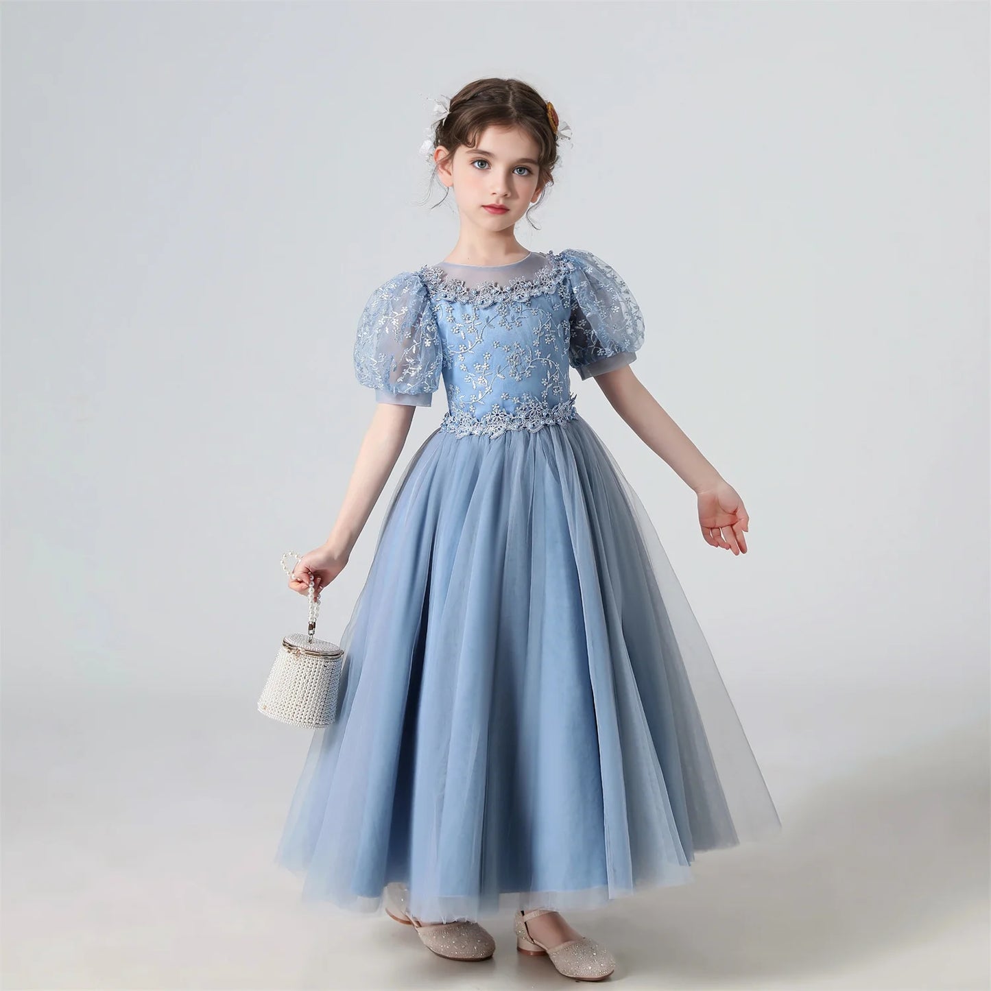 Soft Girls’ Lace-Embroidered Princess Dress - Puff Sleeve, Polyester, For Weddings and Parties