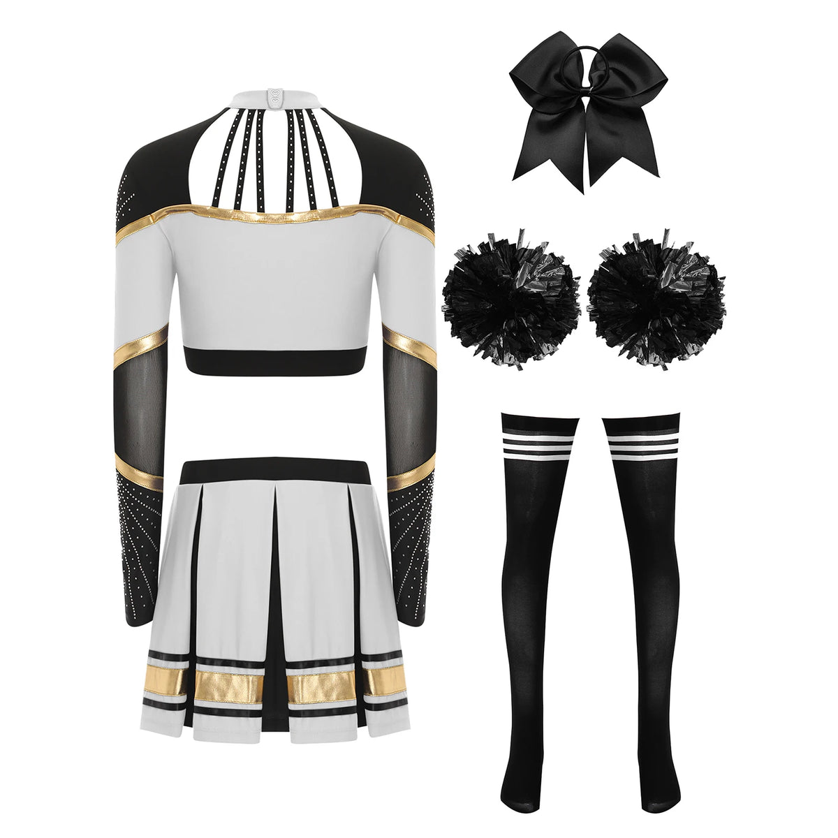 Cosplaykostuum voor cheerleaderoptredens voor vrouwen, crop-top met lange mouwen en geplooide rok met pompons 2026