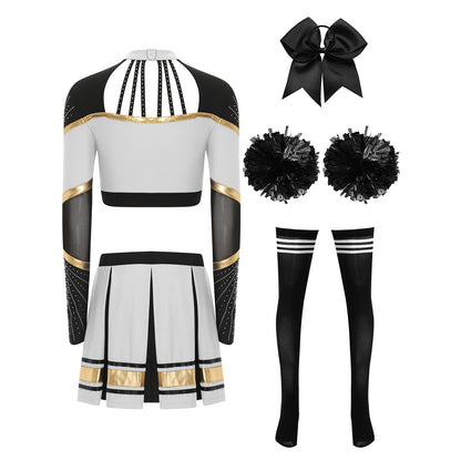 Cosplaykostuum voor cheerleaderoptredens voor vrouwen, crop-top met lange mouwen en geplooide rok met pompons 2026