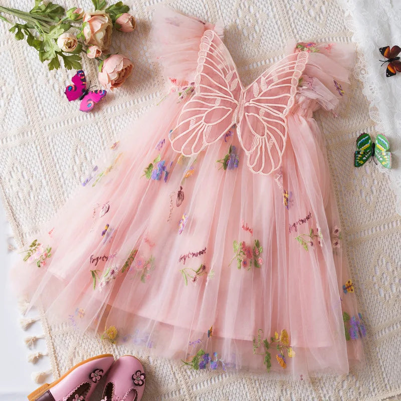 Lightweight flowy girls' dress - knee-length tulle, floral print, polyester, for weddings