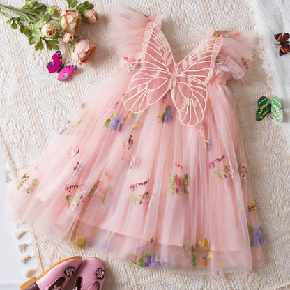 Lightweight flowy girls' dress - knee-length tulle, floral print, polyester, for weddings