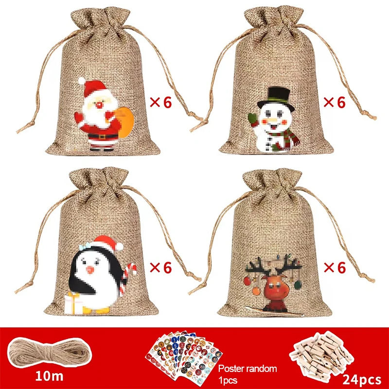 Christmas Advent Calendar 24Pcs Gift Bags Set - Durable Cloth with Customizable Number Stickers for Holiday Decor