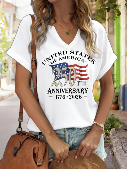 Soft women's graphic tee - V-neck, polyester-elastane blend, for USA 250th anniversary