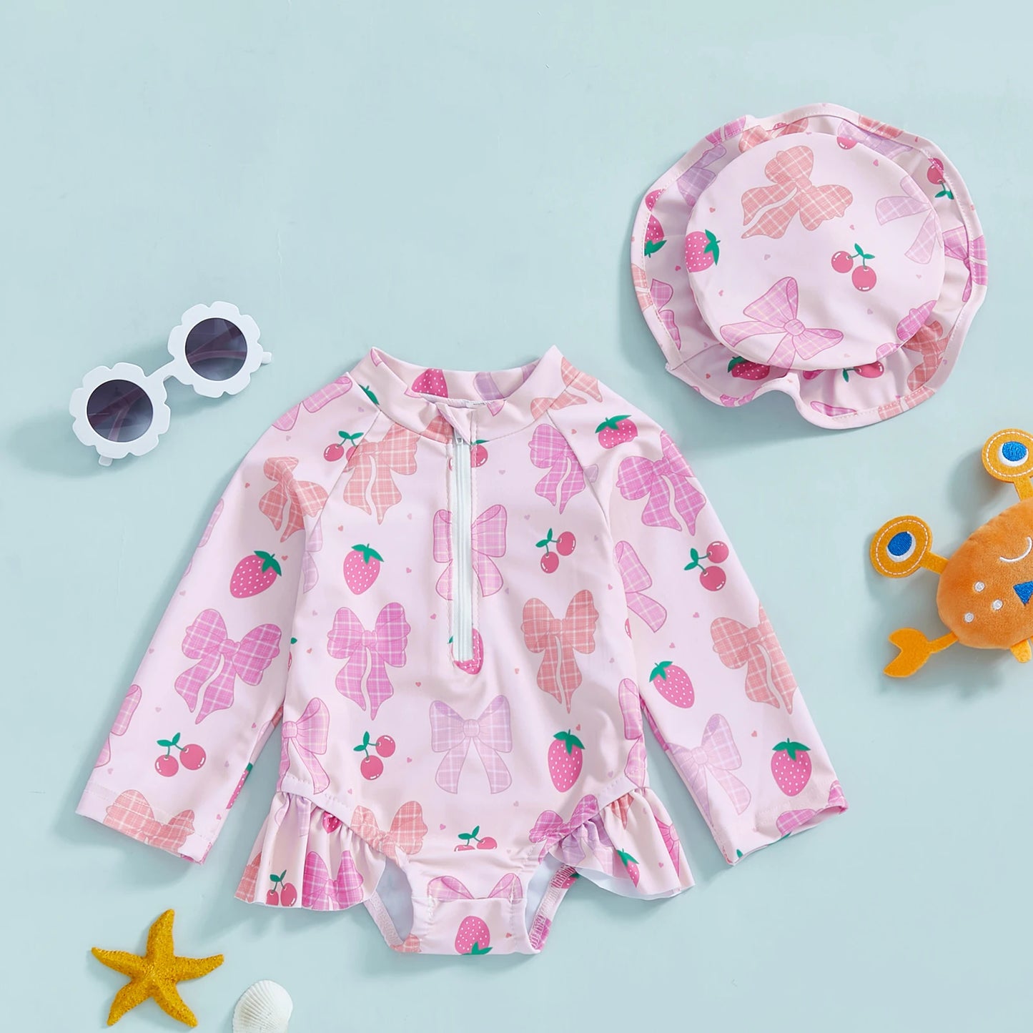 Soft Girls' Rash Guard Swimsuit Set - Zip-Up, Floral Print, Polyester, With Hat, For Summer Beach And Pool