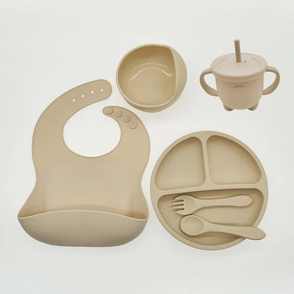 Baby-Silikon-Geschirrset 8-teilig Saugnäpfe Schalen Geteilter Teller Lätzchen Löffel Gabel Fall 2025 Selbstfütterungshilfe