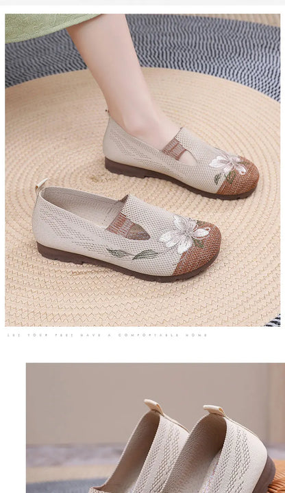 Breathable Women’s Flats - Slip-On Mesh, Embroidered