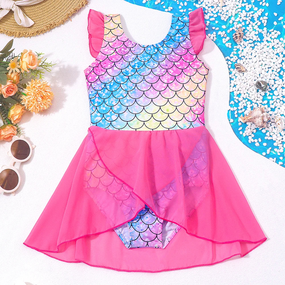 Quick-Dry Durable Girls' One-Piece Swimsuit – Mermaid-Scale Print, Ruffle Sleeves, Tulle, Polyester Elastane, Beach