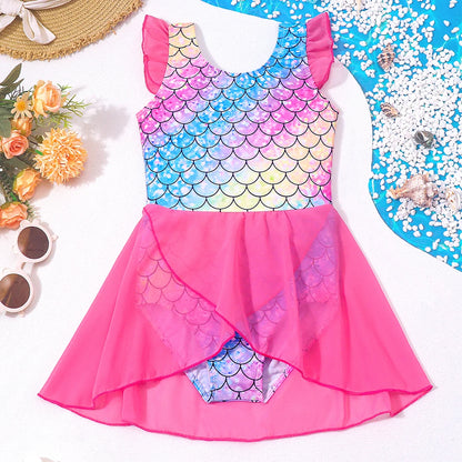 Quick-Dry Durable Girls' One-Piece Swimsuit – Mermaid-Scale Print, Ruffle Sleeves, Tulle, Polyester Elastane, Beach