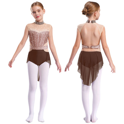 Stretchy girls' leotard - rhinestone mesh yoke, sleeveless, polyester, nylon, elastane, for lyrical dance performance