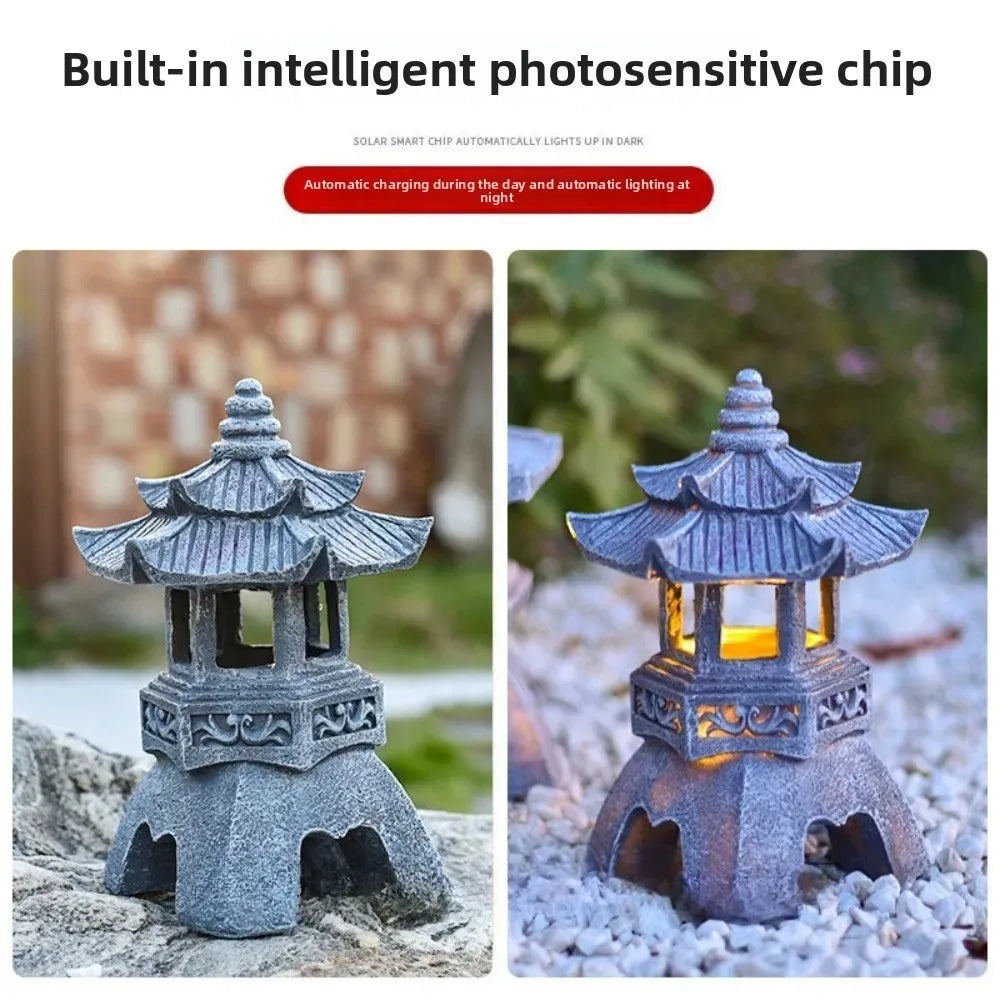 Lanterna solare pagoda in pietra resina ornamento da giardino stile zen cinese luce esterna decorazione ecologica autunno 2026