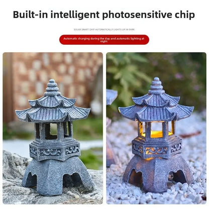 Lanterna solare pagoda in pietra resina ornamento da giardino stile zen cinese luce esterna decorazione ecologica autunno 2026
