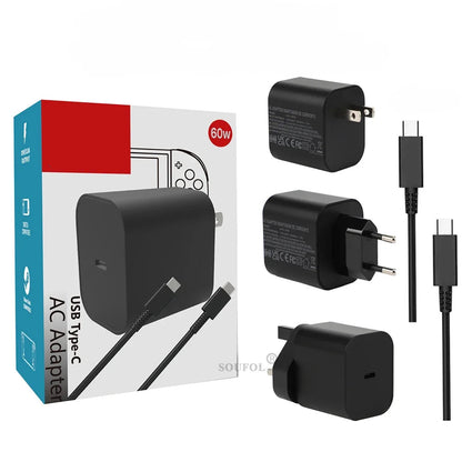 Cargador rápido USB C de 60W con enchufes EU US UK para Switch2
