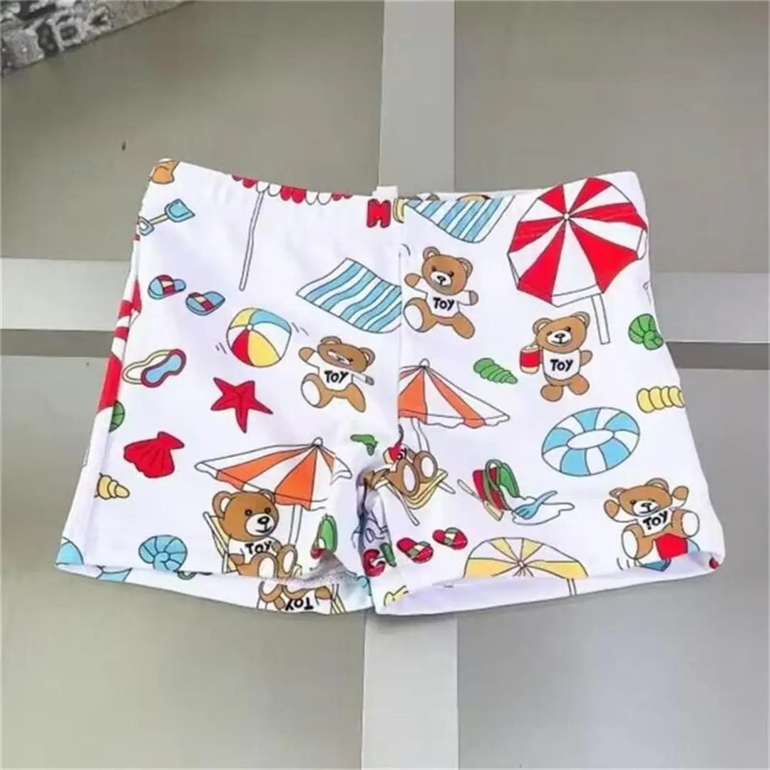 Quick-dry boys' swim shorts – bear-printed, polyester, for summer swimming and beach play