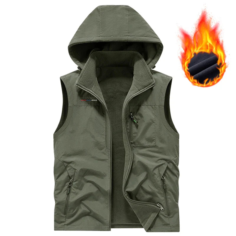 Warm Versatile Men Hooded Vest - Fleece Lined, Nylon, Outdoor