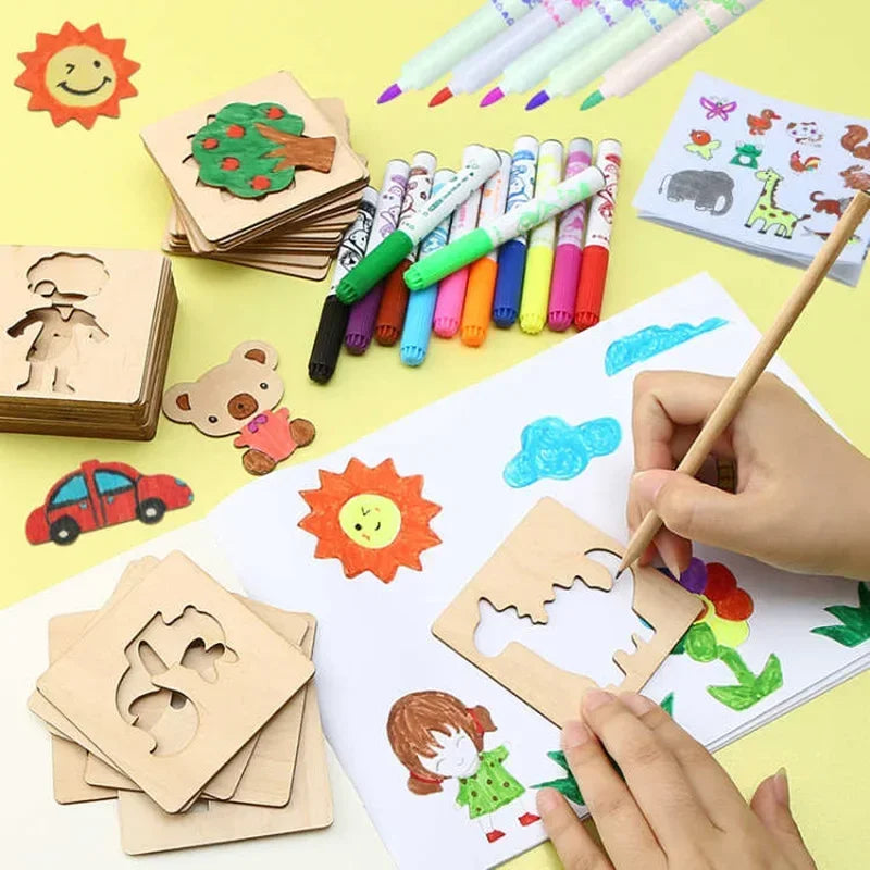 Wooden DIY Art Stencil Set for Kids - Creative Painting & Drawing Tools, Educational Craft Supplies