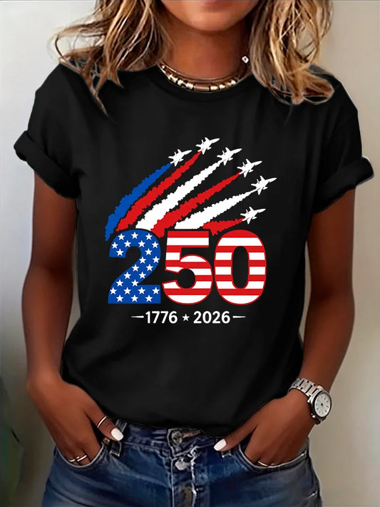 Soft Women's Jet-Print T-Shirt - Short Sleeve, Cotton, 250th Anniversary USA 1776-2026, Casual Wear