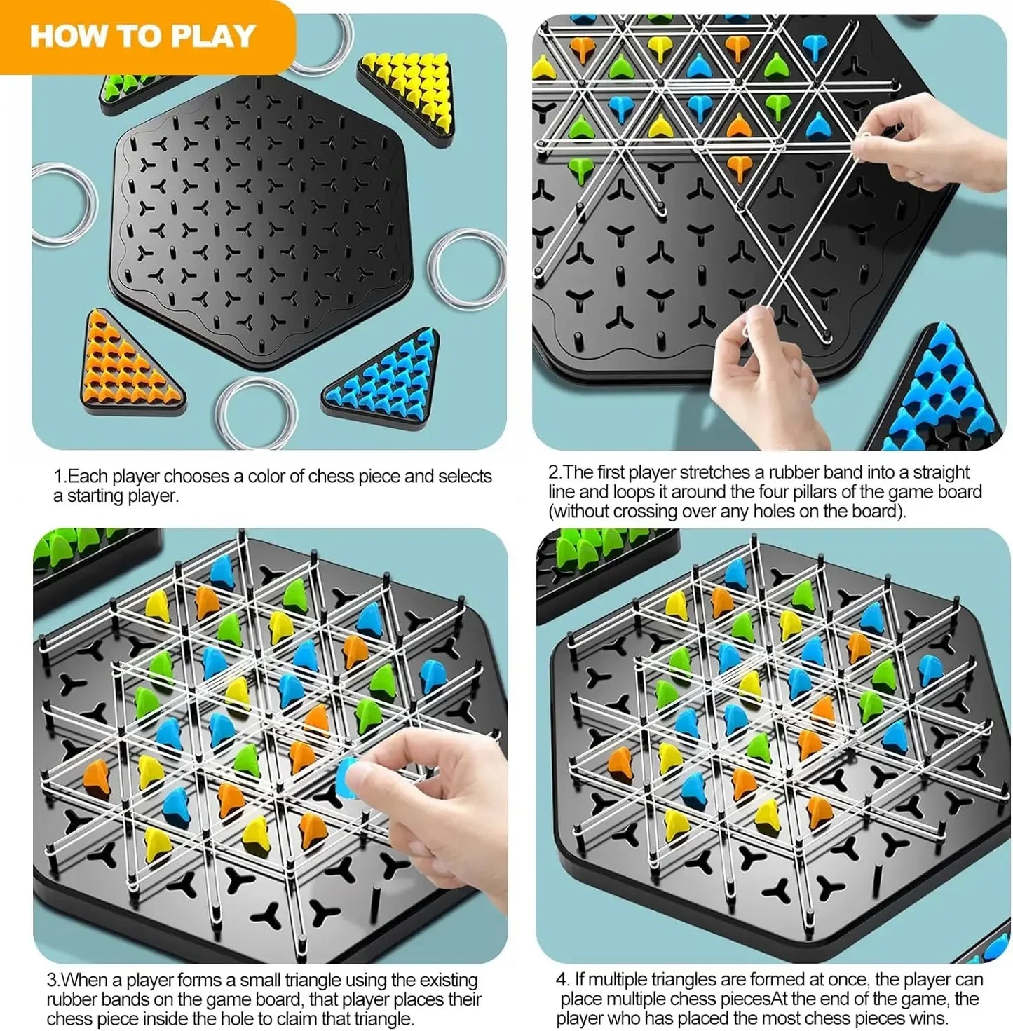 Triangle Strategy Chess Game Set for 2-4 spillere - Familiemoro brettspill for barn og voksne med gummibåndutfordring