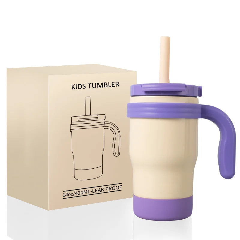 Botella Térmica para Niños 420ML Vaso Aislado de Acero Inoxidable con Asa y Pajilla, Regalo de Navidad 2025