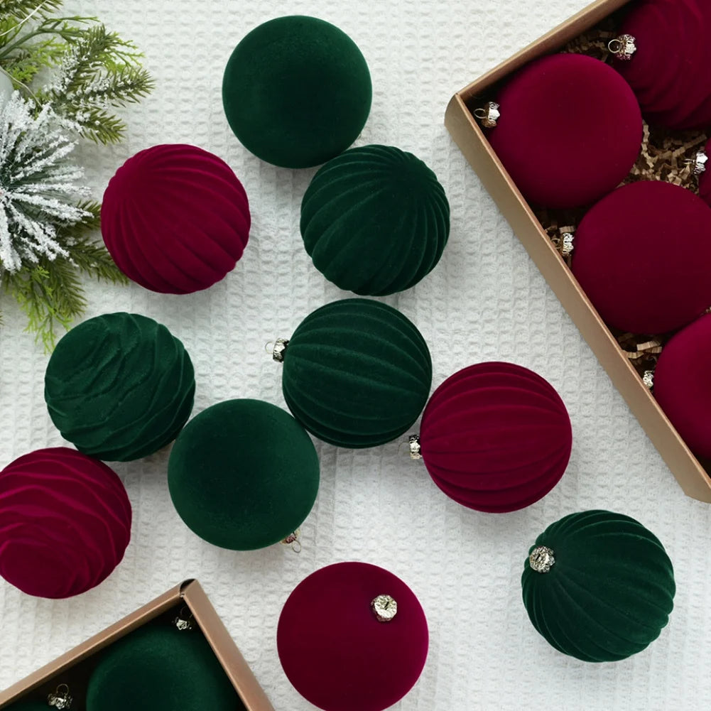 12Pcs 8cm Velvet Christmas Tree Ornaments - Durable Plush Hanging Decorations for Holiday Cheer, Gift Box Included