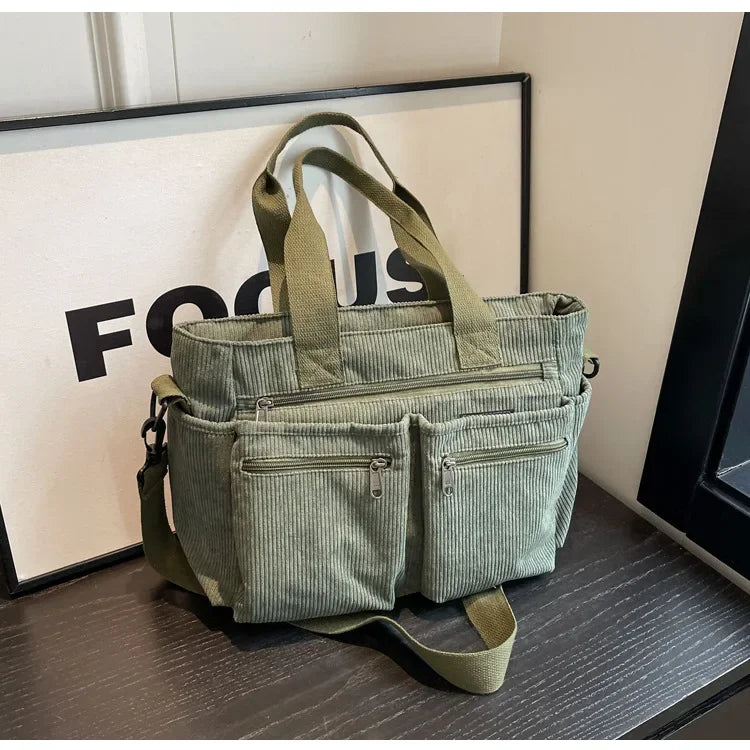 Relaxed women's corduroy messenger bag – multi-pocket, casual commuter tote, oversized