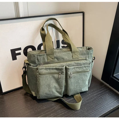 Relaxed women's corduroy messenger bag – multi-pocket, casual commuter tote, oversized