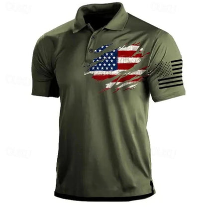 Lightweight men's polo shirt - classic polo, 3D American flag print, casual everyday wear