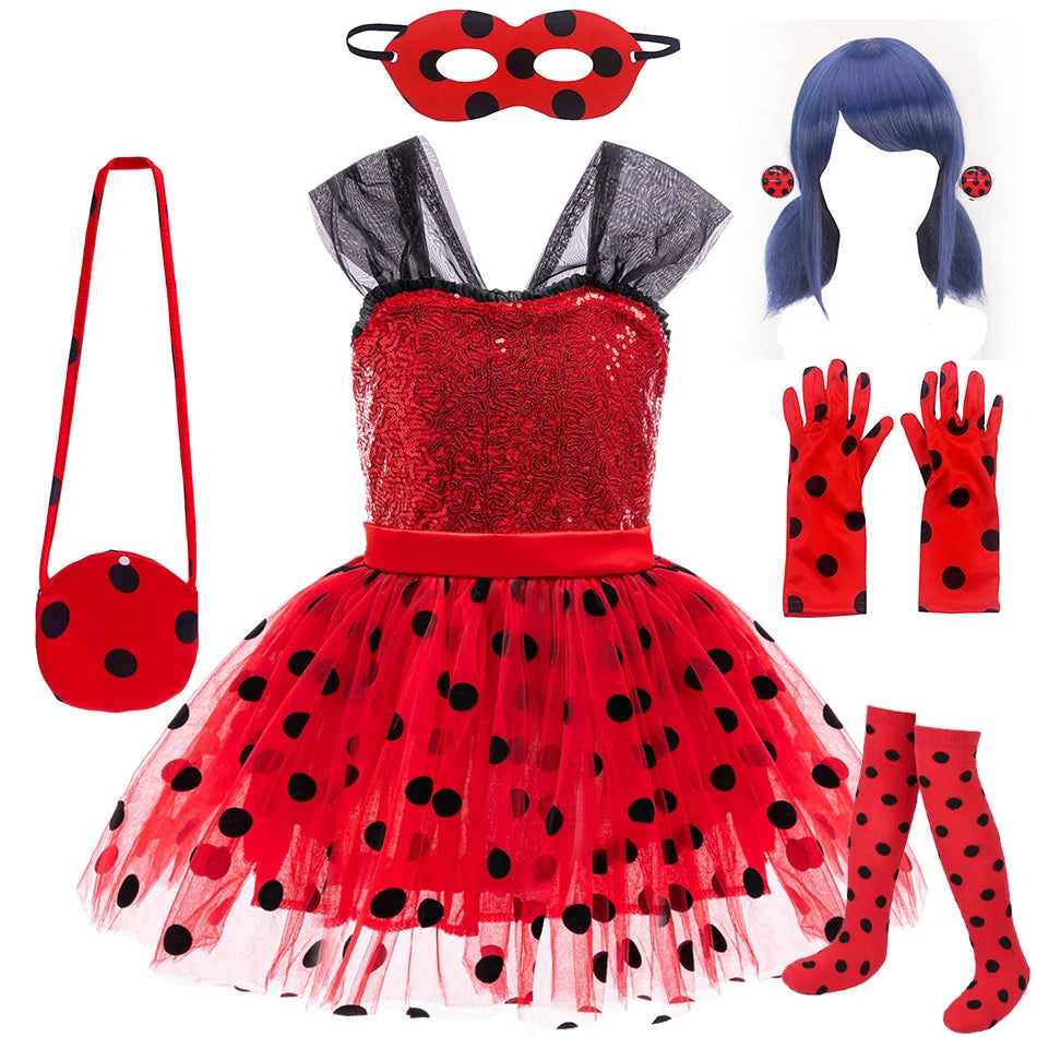 Let pigers Mariehøne cosplay kostume - paliettop med knælængde tylskørt, polyester, til Halloween