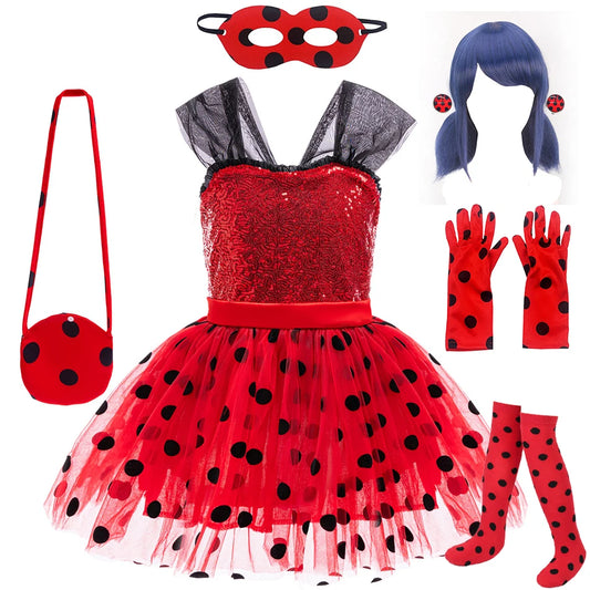 Lightweight girls' Ladybug cosplay costume - sequin bodice with knee-length tulle skirt, polyester, for Halloween