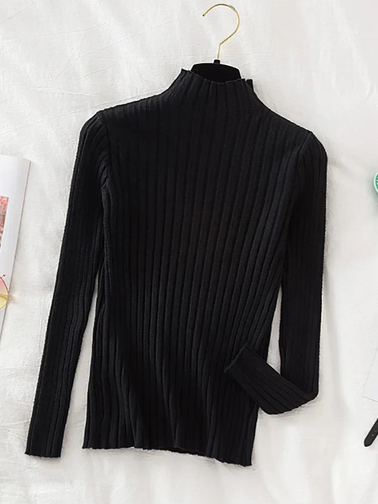 Stretchy Flattering Women Ribbed Sweater - Mock Neck, Knit