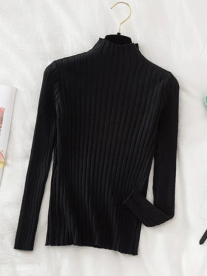 Stretchy Flattering Women Ribbed Sweater - Mock Neck, Knit