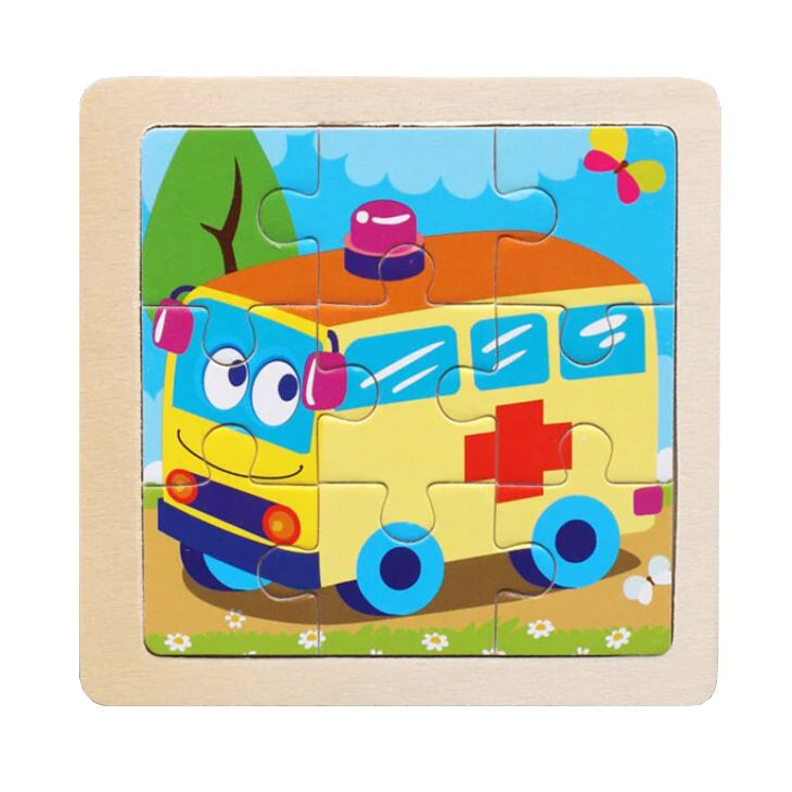 Kids Wooden Jigsaw Puzzle - Montessori Cartoon Animal Vehicle Educational Toy for Children