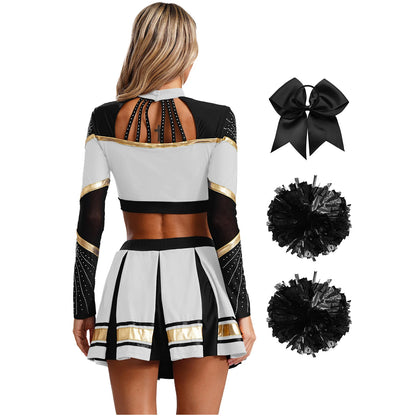 Cosplaykostuum voor cheerleaderoptredens voor vrouwen, crop-top met lange mouwen en geplooide rok met pompons 2026