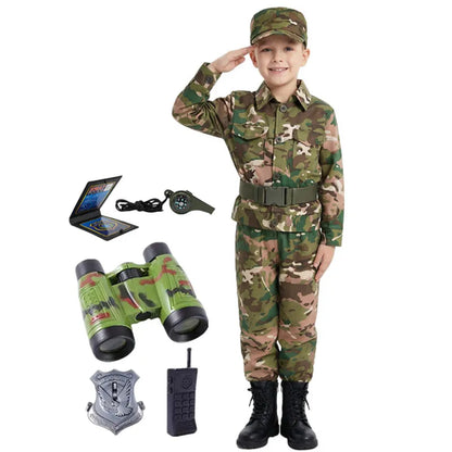 Kostumesæt til børnesoldat med camouflage, pistol, kompas og fløjte til Halloween 2026