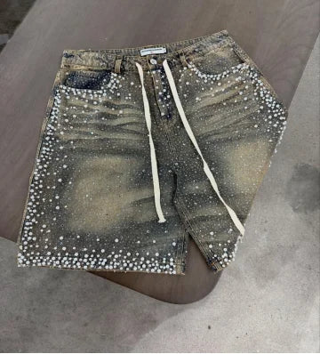 Shorts di jeans da donna comodi - taglio dritto al ginocchio, applicazione a croce con strass, orlo sfrangiato per abbigliamento streetwear