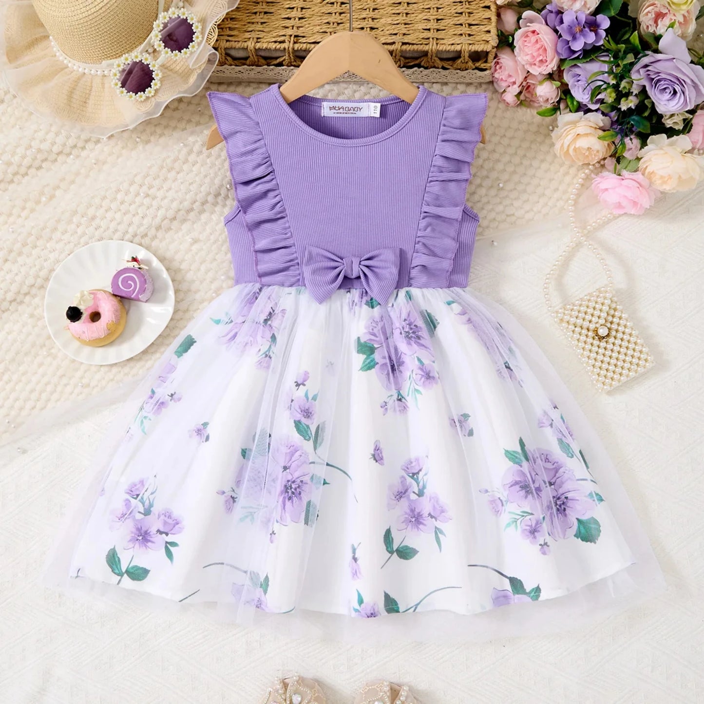 Breathable girls' dress - lace-up sling, sleeveless, flowy, polyester, for summer