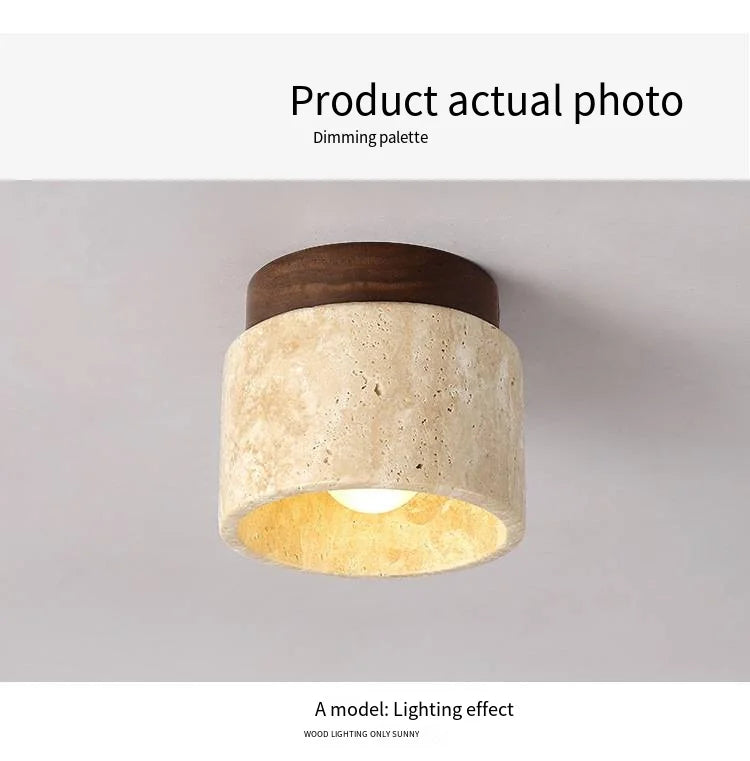 Japandi Travertine Ceiling Light Wood Cap Round Mid Century Lamp