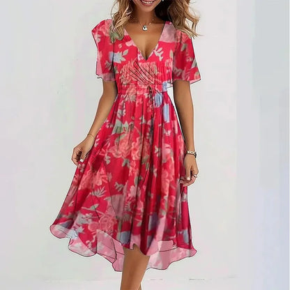 Sexy Deep V-neck Print Women's Summer Dresses - Elegant Swing Party Office Wear