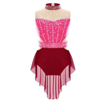Lightweight Girls' Leotard - Rhinestone Embellished, Mesh Skirt, Polyester/Nylon/Elastane, For Ballet, Gymnastics