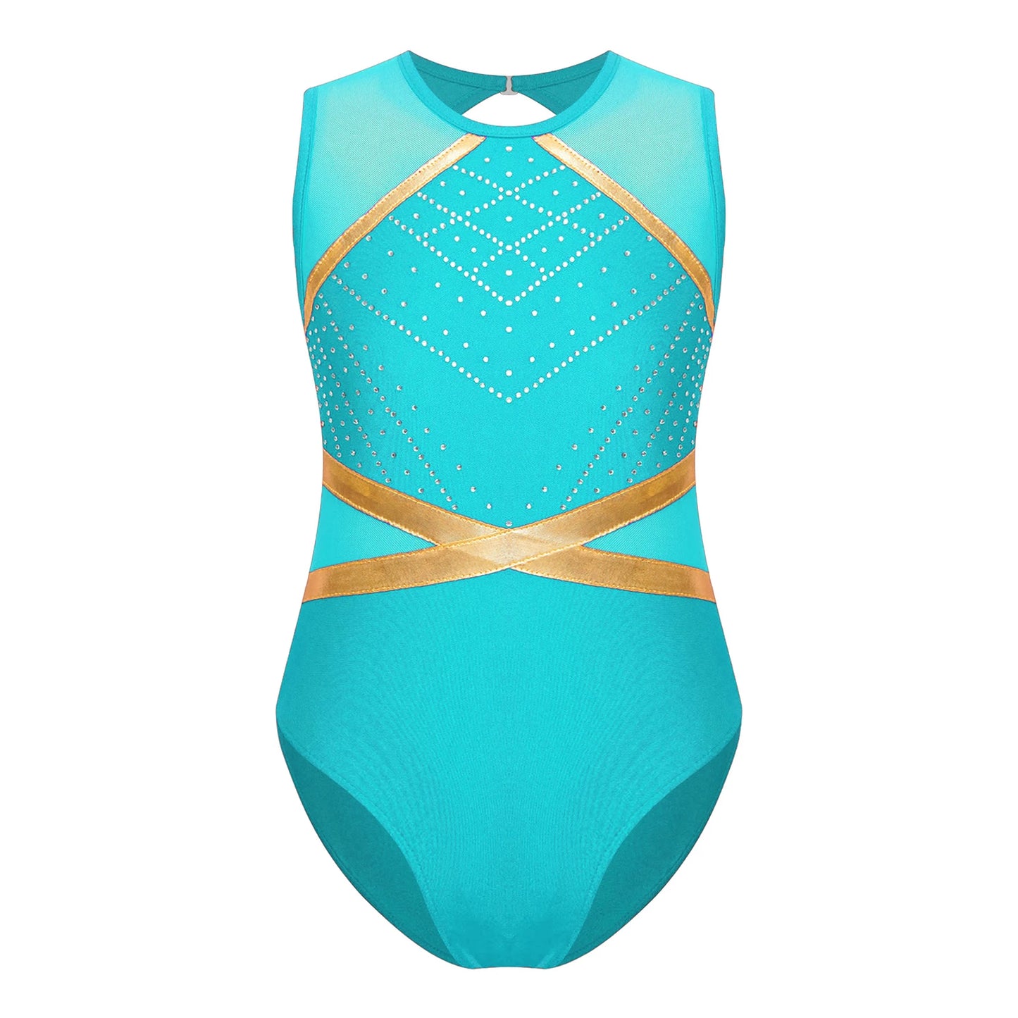Strækbar pige dragt - flatterende, rhinsten-detaljeret, langærmet, mesh-panel, polyester elastan, til gymnastik