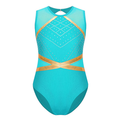 Strækbar pige dragt - flatterende, rhinsten-detaljeret, langærmet, mesh-panel, polyester elastan, til gymnastik